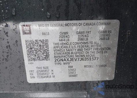 2018 Chevrolet Equinox Lt из США, поврежденный, VIN 2GNAXJEV7J6351577